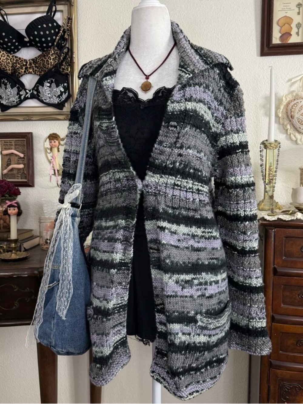 vintage quirky whimsical twee cozy striped knit cardigan w pockets - Picture 2 of 4